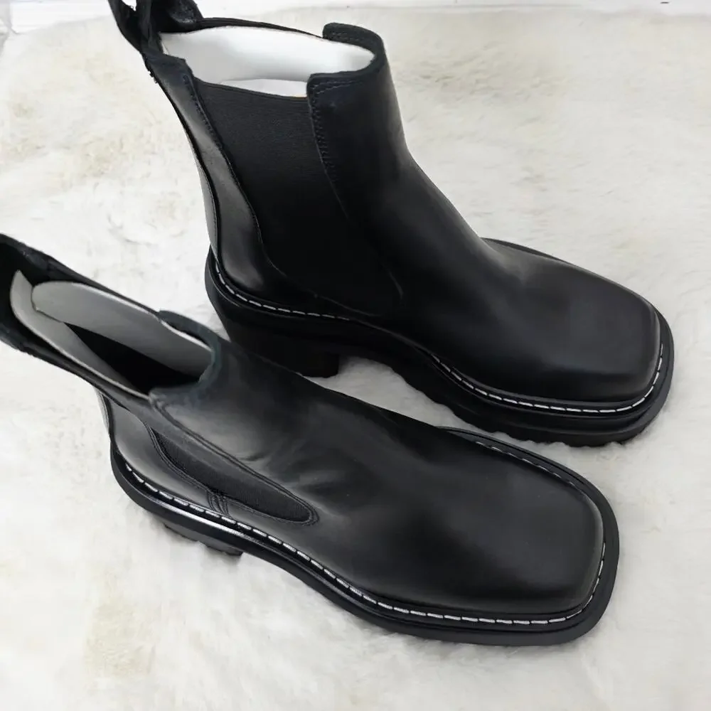NEW Sandro Paris Black Leather Chelsea Boots Chunky Lug Sole Square Toe EU 37 - Picture 12 of 16